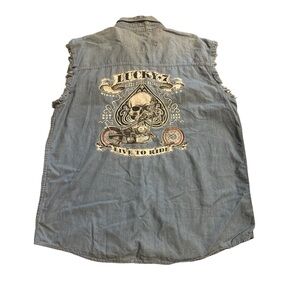 Mens Lucky Skull And Spade Live To Ride Blue Denim Sleeveless Cutoff Bik…